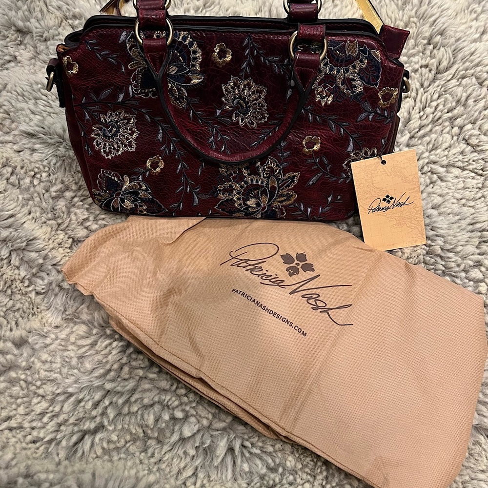 PATRICIA NASH Embroidered New with tags and dust cover. Burgundy & gold!